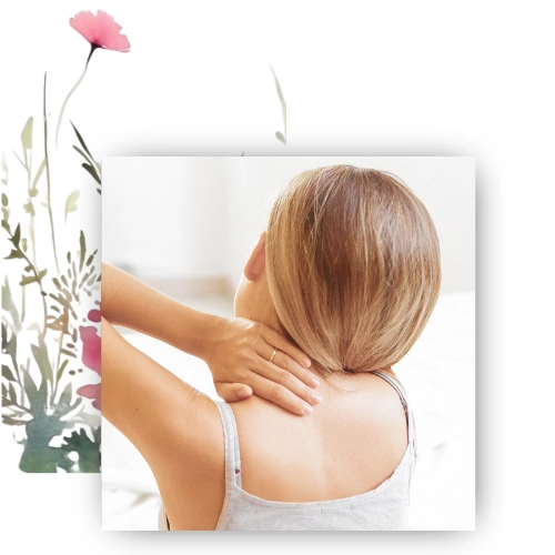 Beitragsbild zum Blogbeitrag über die spirituelle Bedeutung von Nackenschmerzen: Eine Frau, die sich den Nacken hält, mit Blumenillustration